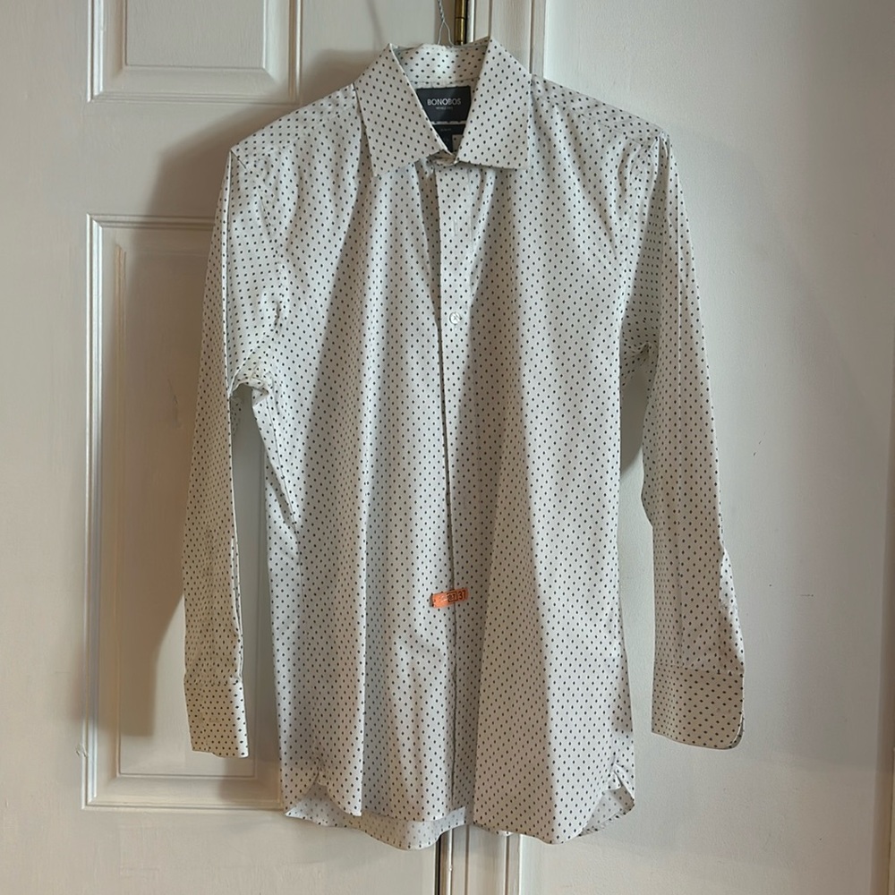 White button-down with navy detail